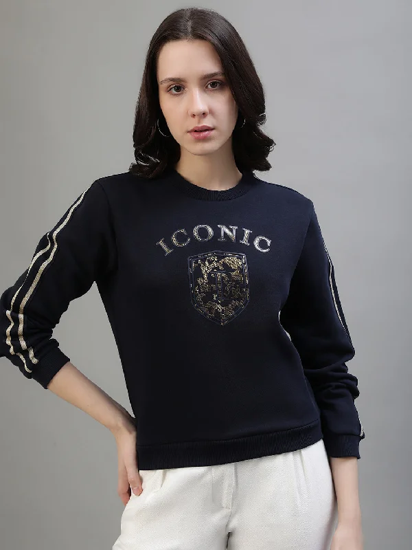 Shop More, Spend Less!Iconic Women Navy Blue Printed Round Neck Full Sleeves Sweatshirt