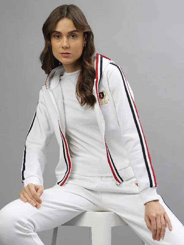 Your Chance to Save is Now!Iconic Women White Solid Hooded Full Sleeves Jacket