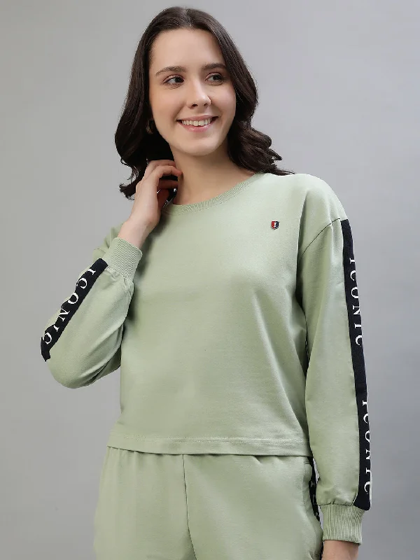 Save Like Never Before!Iconic Women Green Solid Round Neck Full Sleeves Sweatshirt