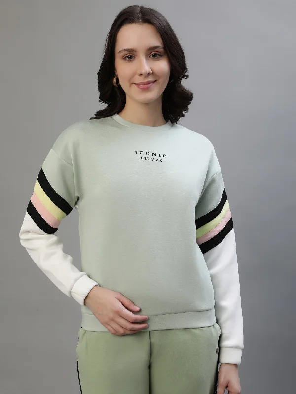 Instant Savings Await!Iconic Women Green Colorblocked Round Neck Full Sleeves Sweatshirt