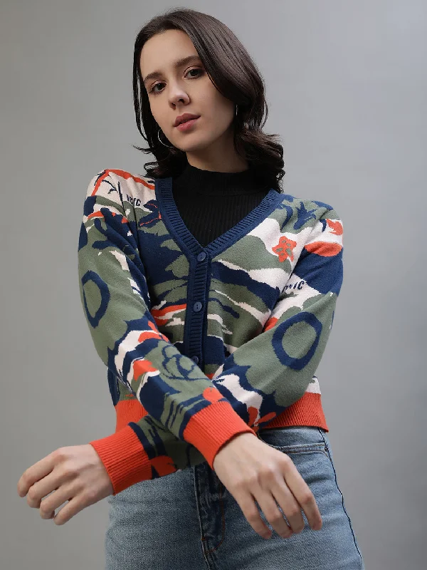 Your Shopping Spree Starts Here!Iconic Women Multicolor Printed V-Neck Full Sleeves Sweater