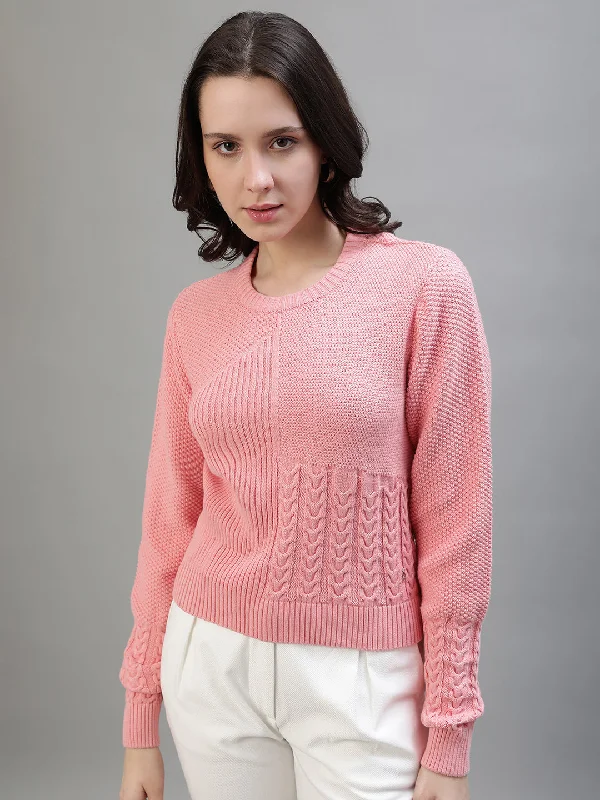 Get Ready to Save!Iconic Women Pink Woven Round Neck Full Sleeves Sweater