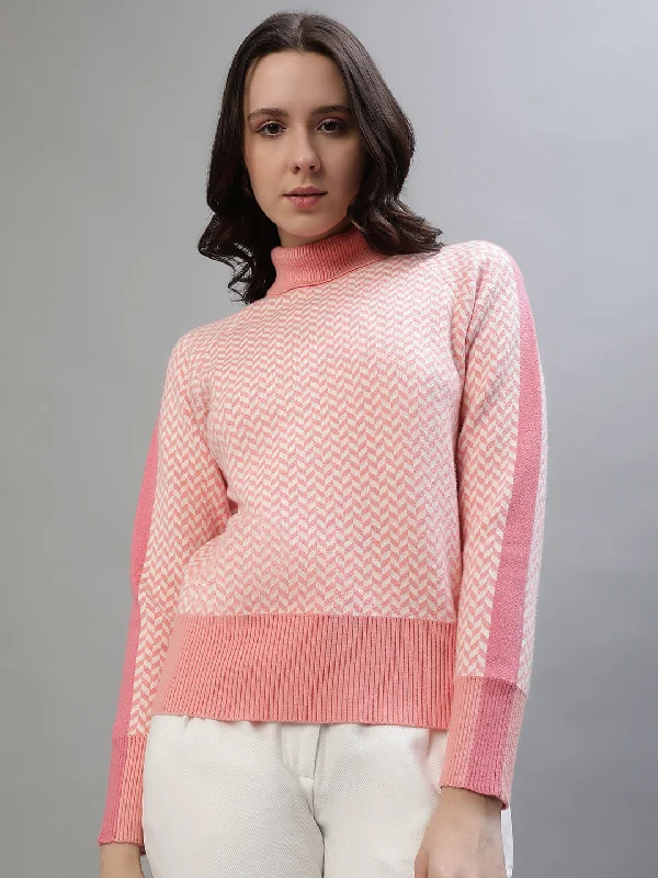 Best Deals Just for You!Iconic Women Pink Printed Turtle Neck Full Sleeves Sweater