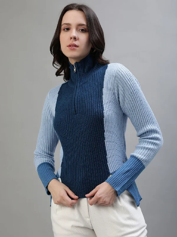 Huge Savings – Act Now!Iconic Women Blue Colorblocked High Neck Full Sleeves Sweater