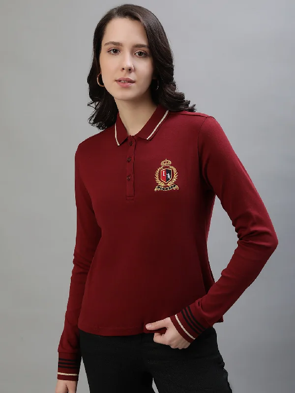 Must-Have Deals Inside!Iconic Women Red Solid Polo Collar Full Sleeves T-Shirt