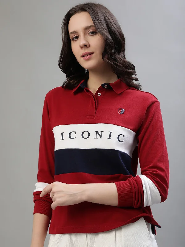 Best Price of the Season!Iconic Women Multicolor Colorblocked Polo Collar Full Sleeves T-Shirt