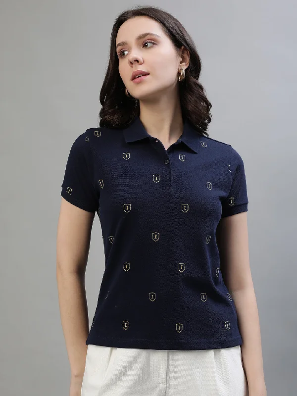 Time to Save Big!Iconic Women Navy Blue Printed Polo Collar Short Sleeves T-Shirt