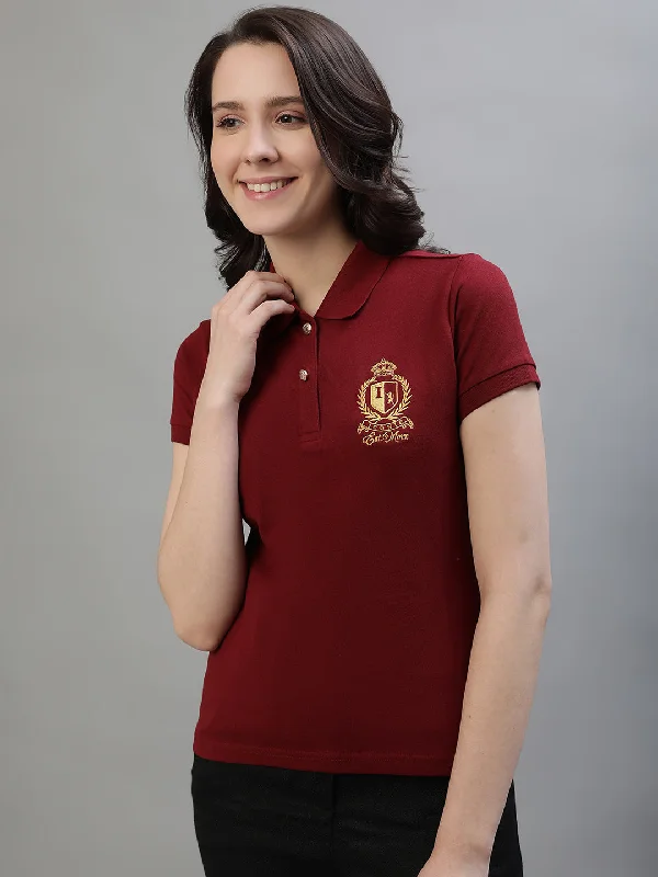 Don’t Wait – Deals Won’t Last!Iconic Women Maroon Solid Polo Collar Short Sleeves T-Shirt