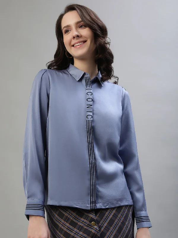 Price Drop Alert!Iconic Women Blue Solid Spread Collar Full Sleeves Shirt