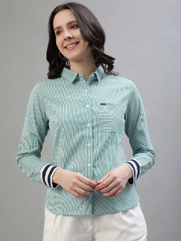 Limited Edition, Limited Price!Iconic Women Green Striped Spread Collar Full Sleeves Shirt