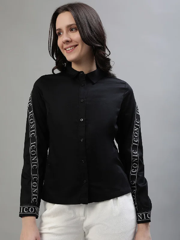 Seasonal Sale – Shop Now!Iconic Women Black Solid Spread Collar Full Sleeves Shirt