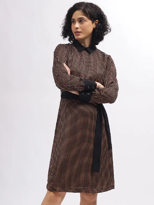 Time to Save Big!Iconic Women Black Printed Shirt Collar Full Sleeves Dress