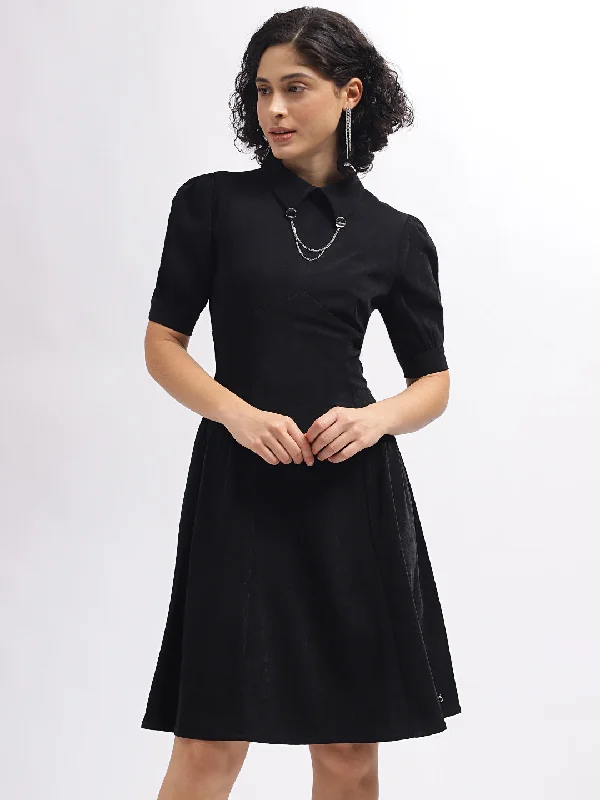 Shop the Hottest Deals!Iconic Women Black Solid Shirt Collar Short Sleeves Dress