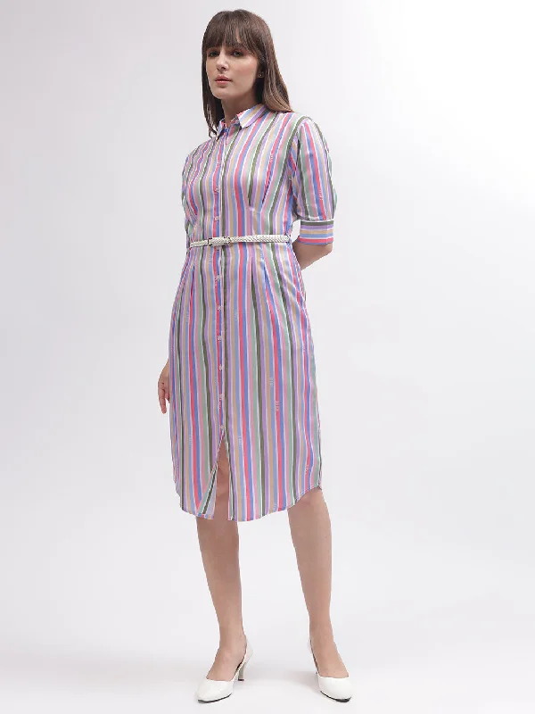 Flash Deals – Act Quickly!Iconic Women Multi Striped Shirt Collar 3/4th Sleeves Dress