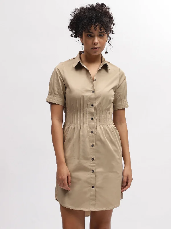 Buy More, Save More!Iconic Women Beige Solid Shirt Collar Short Sleeves Dress