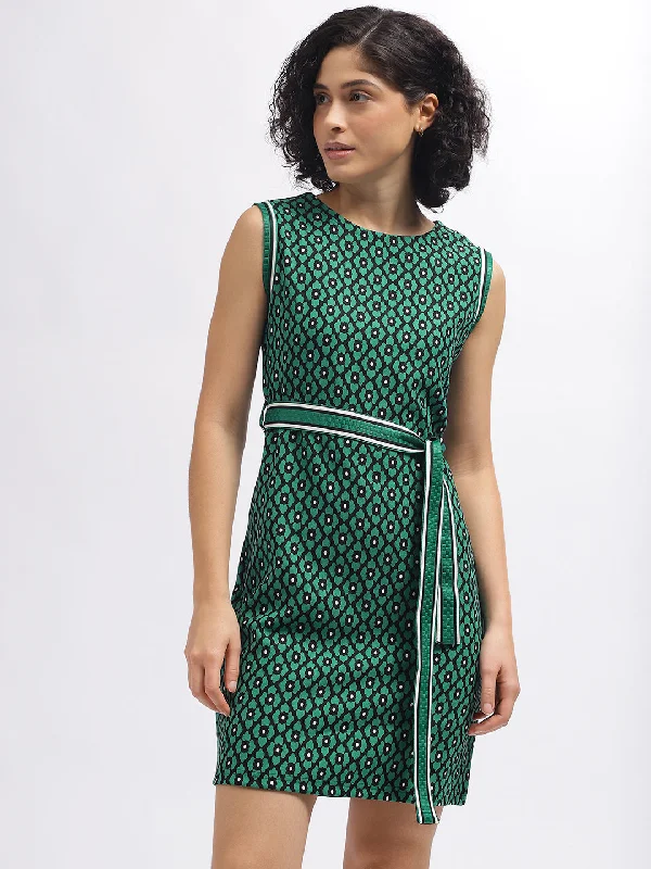 Best Price of the Season!Iconic Women Green Printed Round Neck Sleeveless Dress