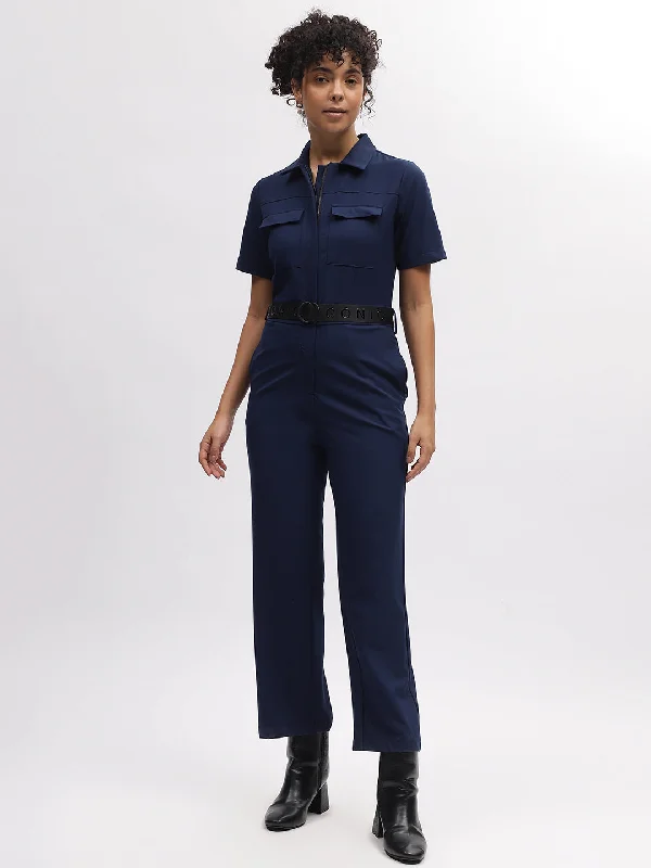 Snag the Best Prices Now!Iconic Women Navy Blue Solid Shirt Collar Short Sleeves Jumpsuit