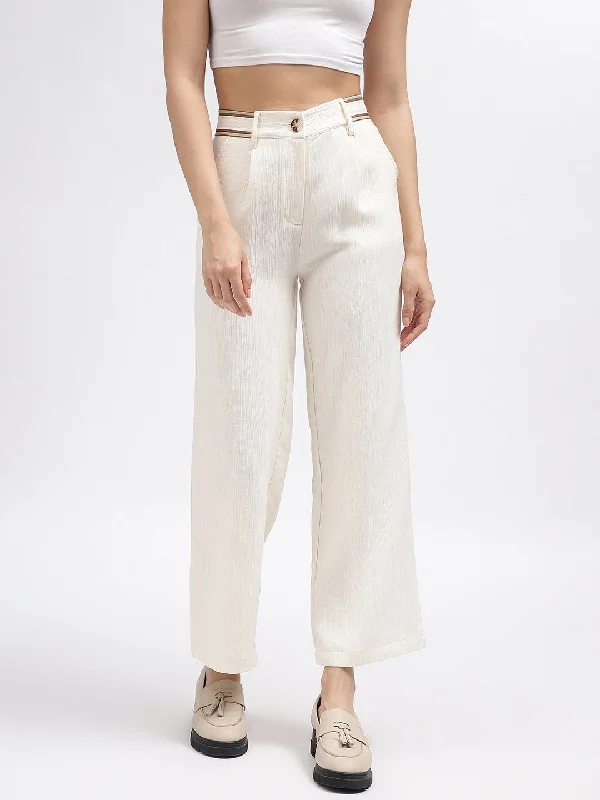 Must-Have Deals Inside!Iconic Women Off White Solid Regular Fit Trouser