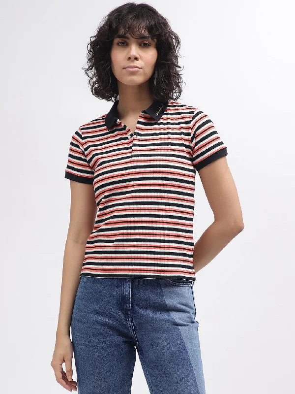 Your Discount is Waiting!Iconic Women Multi Striped Polo Collar Short Sleeves T-Shirt