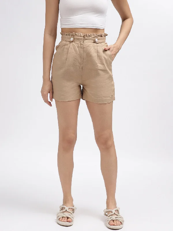 Shop More, Spend Less!Iconic Women Beige Solid Regular Fit Shorts