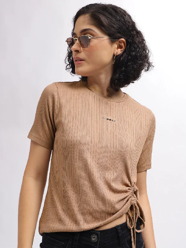 Save Up to 50% Off!Iconic Women Brown Solid Round Neck Short Sleeves Top