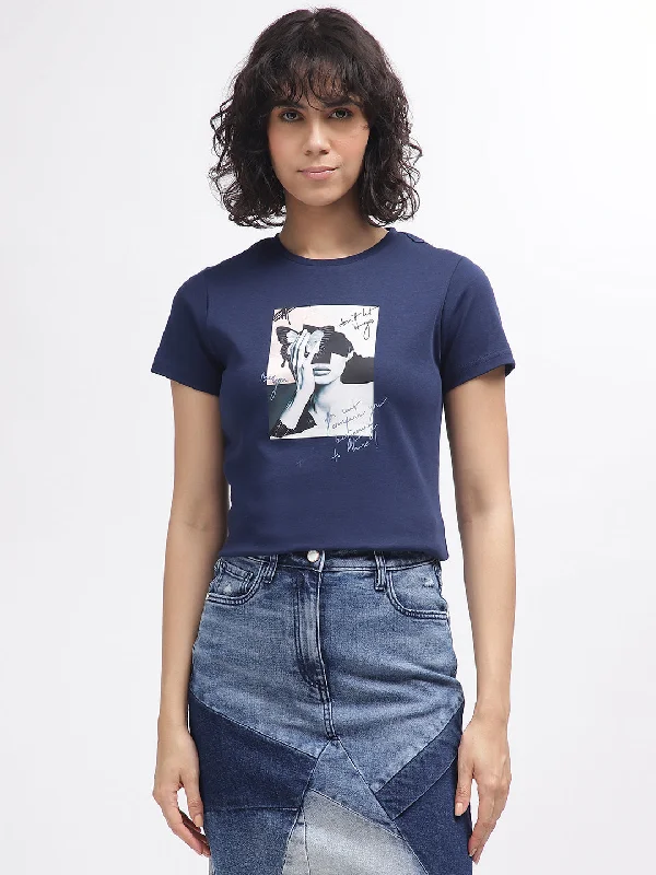 Everything Must Go!Iconic Women Navy Blue Printed Round Neck Short Sleeves T-Shirt