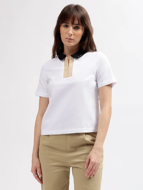 Your Shopping Spree Starts Here!Iconic Women White Solid Polo Collar Short Sleeves T-shirt