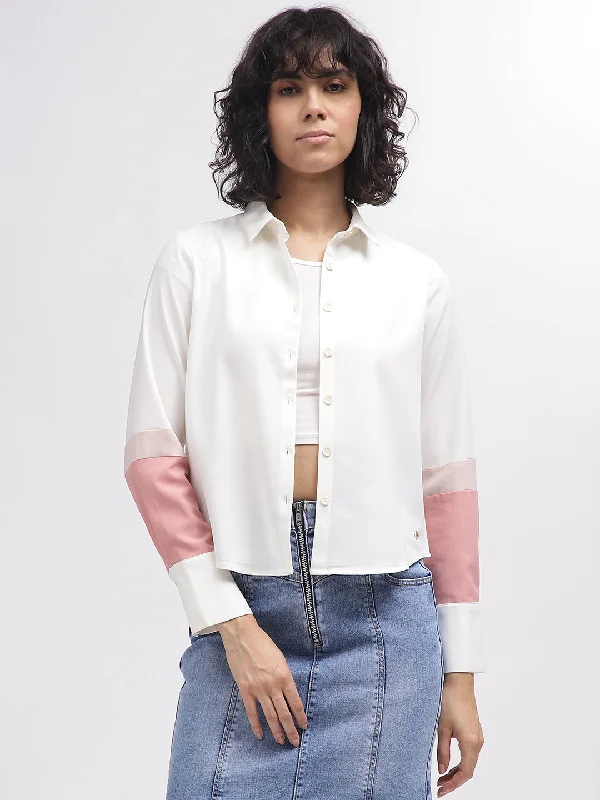 Today’s Deals, Tomorrow’s Regrets!Iconic Women White Colour Blocked Spread Collar Full Sleeves Shirt