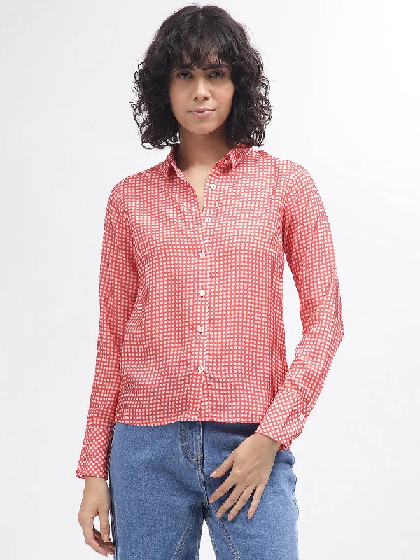 Save More Than Ever!Iconic Women Red Printed Spread Collar Full Sleeves Shirt