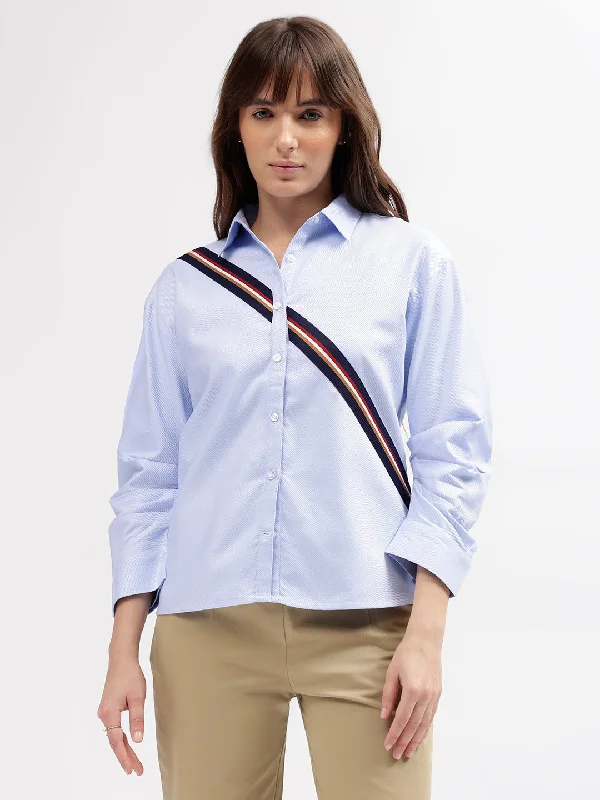 Find Your Perfect Deal Today!Iconic Women Blue Solid Spread Collar 3/4th Sleeves Shirt