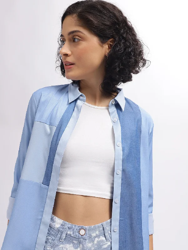 Your Exclusive Offer Awaits!Iconic Women Blue Colour Blocked Spread Collar Full Sleeves Shirt