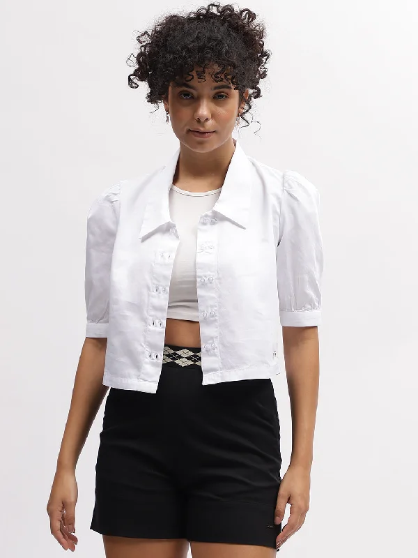 Exclusive Offers You’ll Love!Iconic Women White Solid Spread Collar Short Sleeves Shirt