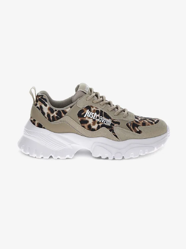 Your Best Deals Are Here!Just Cavalli Women Grey Printed Leather Round Toe Lace-ups Sneakers