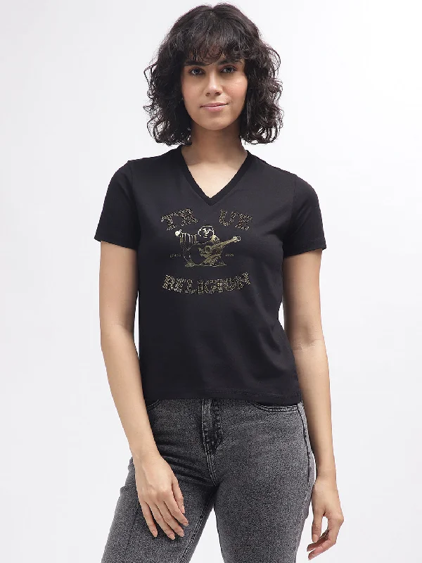 Your Wallet Will Thank You!True Religion Women Black Printed V-Neck Short Sleeves T-Shirt